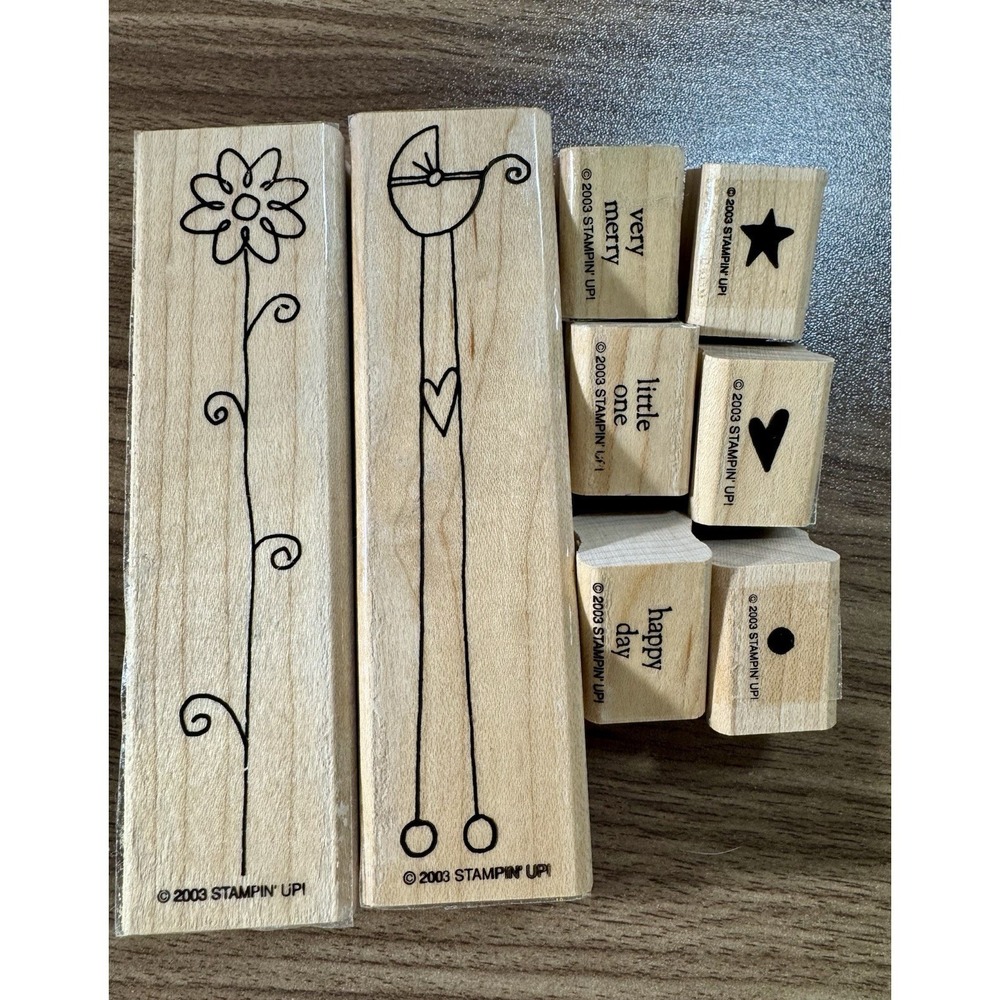 Vtg 2003 STAMPIN' UP!  NICE & NARROW PARTIAL SET‎ OF 8 Wood Mounted Rubber Stamp